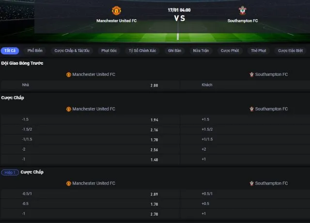 Bảng tỷ lệ kèo Man Utd vs Southampton